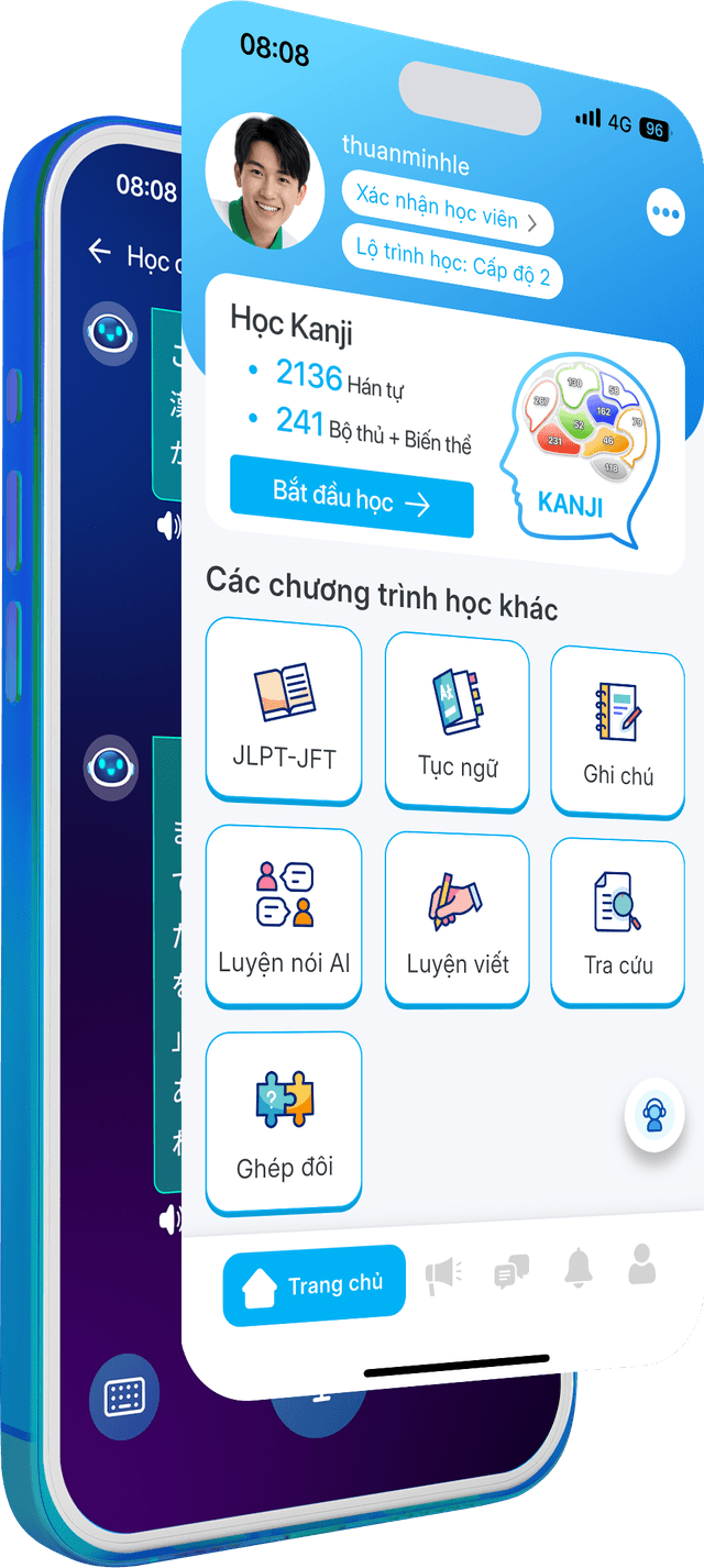 Màn hình Hack Kanji: học Kanji theo bộ thủ, luyện thi JLPT và JFT, game ghép đôi, luyện viết và tra cứu bằng vẽ tay